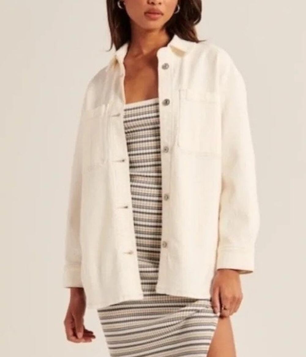 NWT Abercrombie Denim Utility Shirt Jacket XXS Cream Shacket Coastal Minimal
